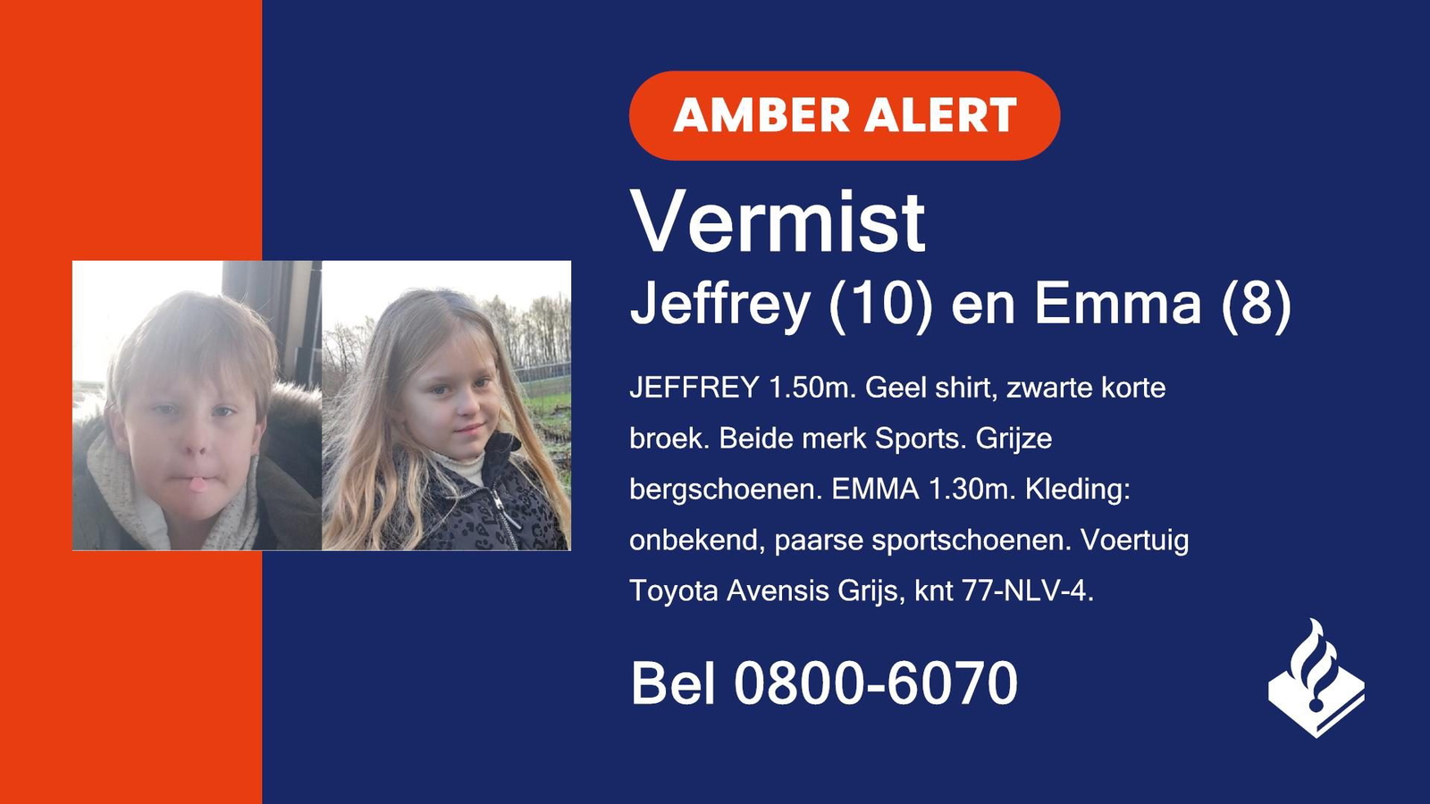 Amber Alert wegens vermissing Jeffrey (10) en Emma (8) vanuit Beerta